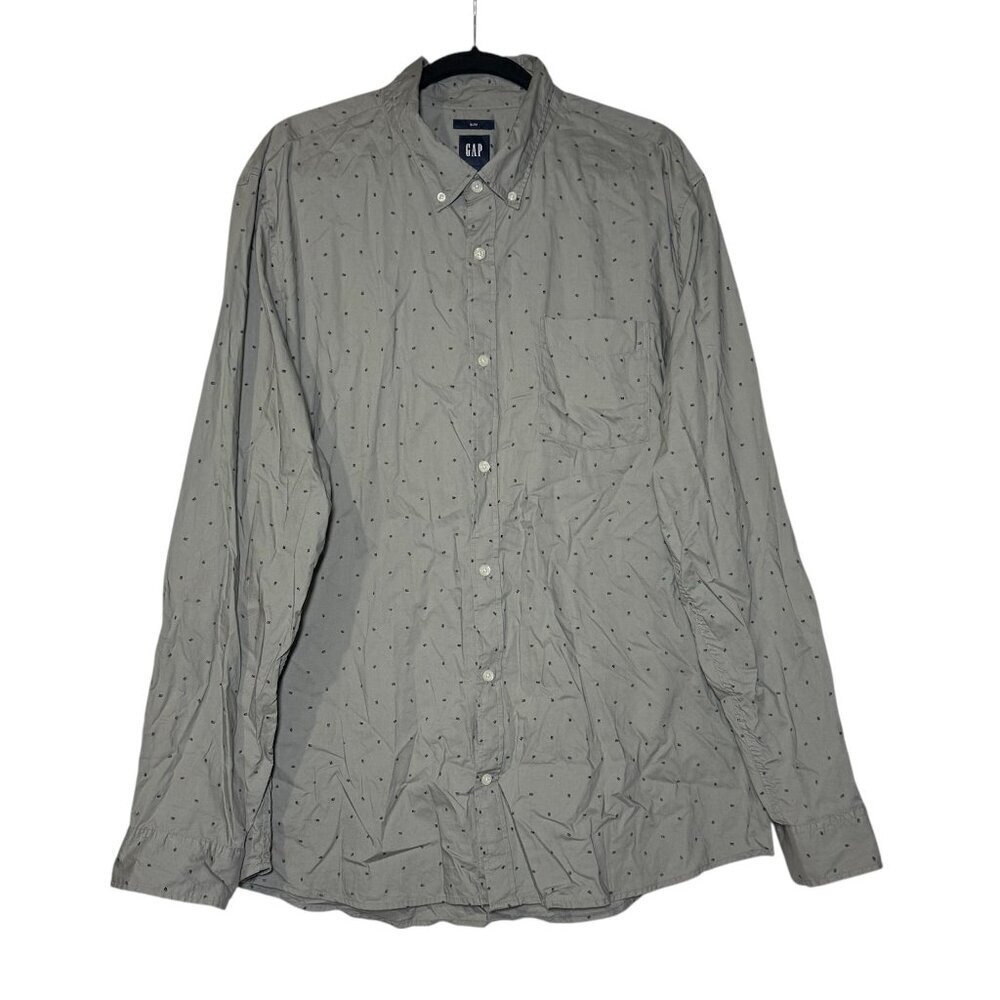 GAP Button Down Dress Shirt Gray Navy Blue Slim Fit Size XXL Office Patterned